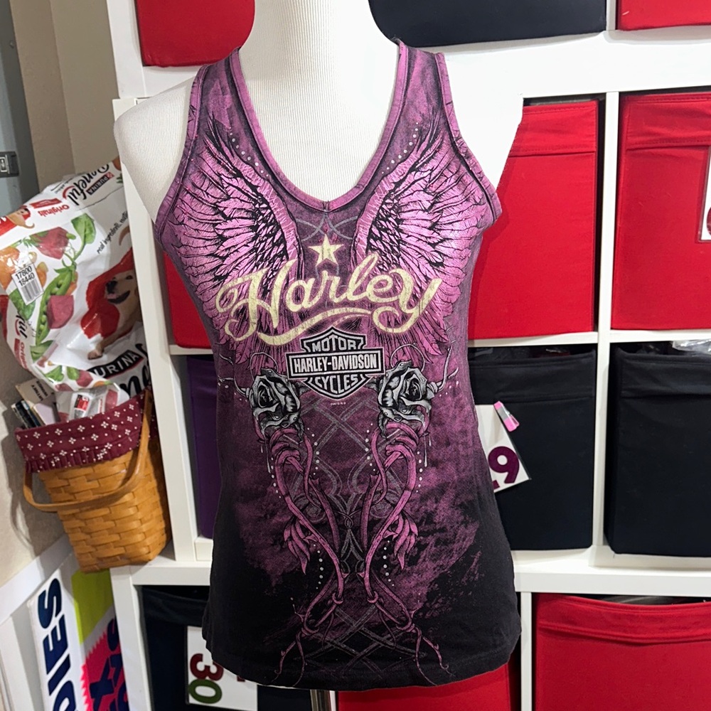 Harley-Davidson Women's Black and Purple Winged Tank Top